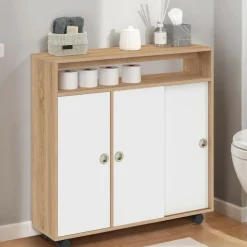 Armoire d'appoint meuble de rangement à roulettes salle de bain structure hêtre plateau blanc*IDMarket Hot