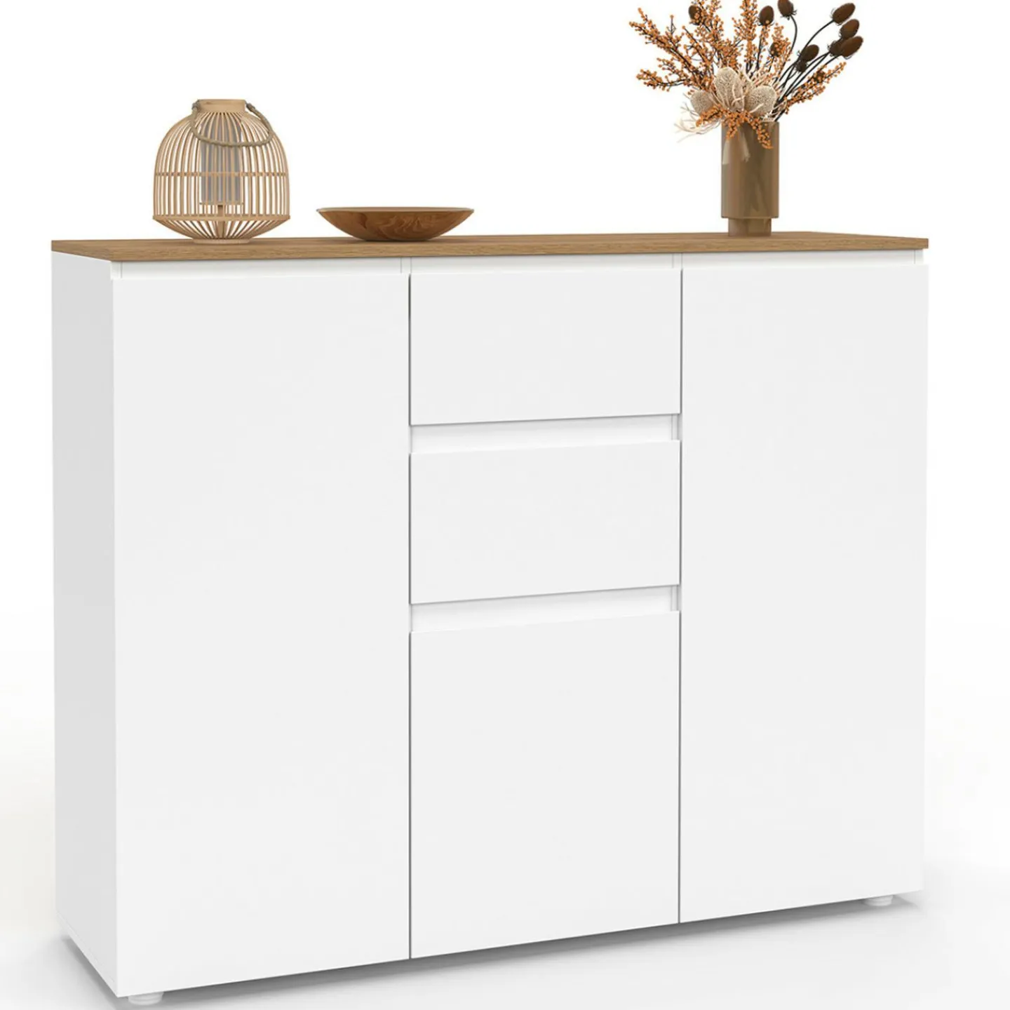 Buffet 100 cm 3 portes 2 tiroirs blanc et plateau bois*IDMarket Outlet
