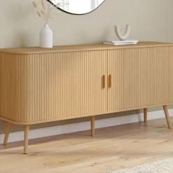 Buffet 160 cm 2 portes coulissantes lattes tasseau bois coloris chêne*IDMarket New