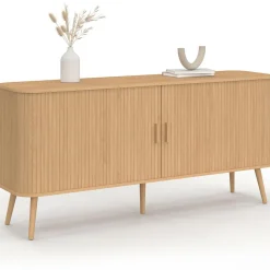 Buffet 160 cm 2 portes coulissantes lattes tasseau bois coloris chêne*IDMarket New