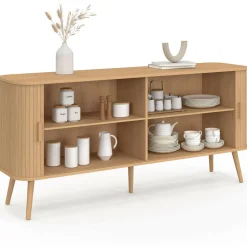 Buffet 160 cm 2 portes coulissantes lattes tasseau bois coloris chêne*IDMarket New
