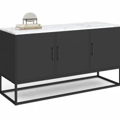 Buffet bas 113 cm 3 portes noires plateau effet marbre blanc*IDMarket Online