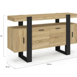 Buffet bas 140 cm bois imitation hêtre et noir 4 portes*IDMarket Hot