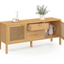 Buffet bas bois et cannage 140 cm avec 2 portes et 3 tiroirs*IDMarket Best