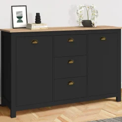 Buffet campagne 130 CM 2 portes 3 tirroirs bois et noir*IDMarket Sale
