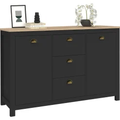 Buffet campagne 130 CM 2 portes 3 tirroirs bois et noir*IDMarket Sale
