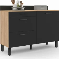 Buffet casserolier de cuisine noir et façon hêtre avec 1 porte et 3 tiroirs*IDMarket Hot