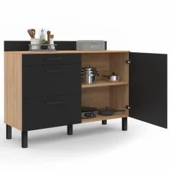 Buffet casserolier de cuisine noir et façon hêtre avec 1 porte et 3 tiroirs*IDMarket Hot