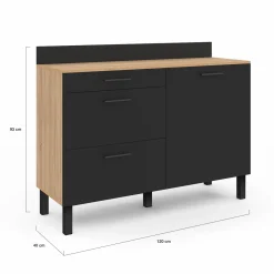 Buffet casserolier de cuisine noir et façon hêtre avec 1 porte et 3 tiroirs*IDMarket Hot