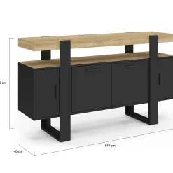 Buffet noir avec plateau bois 140 cm 4 portes*IDMarket Outlet