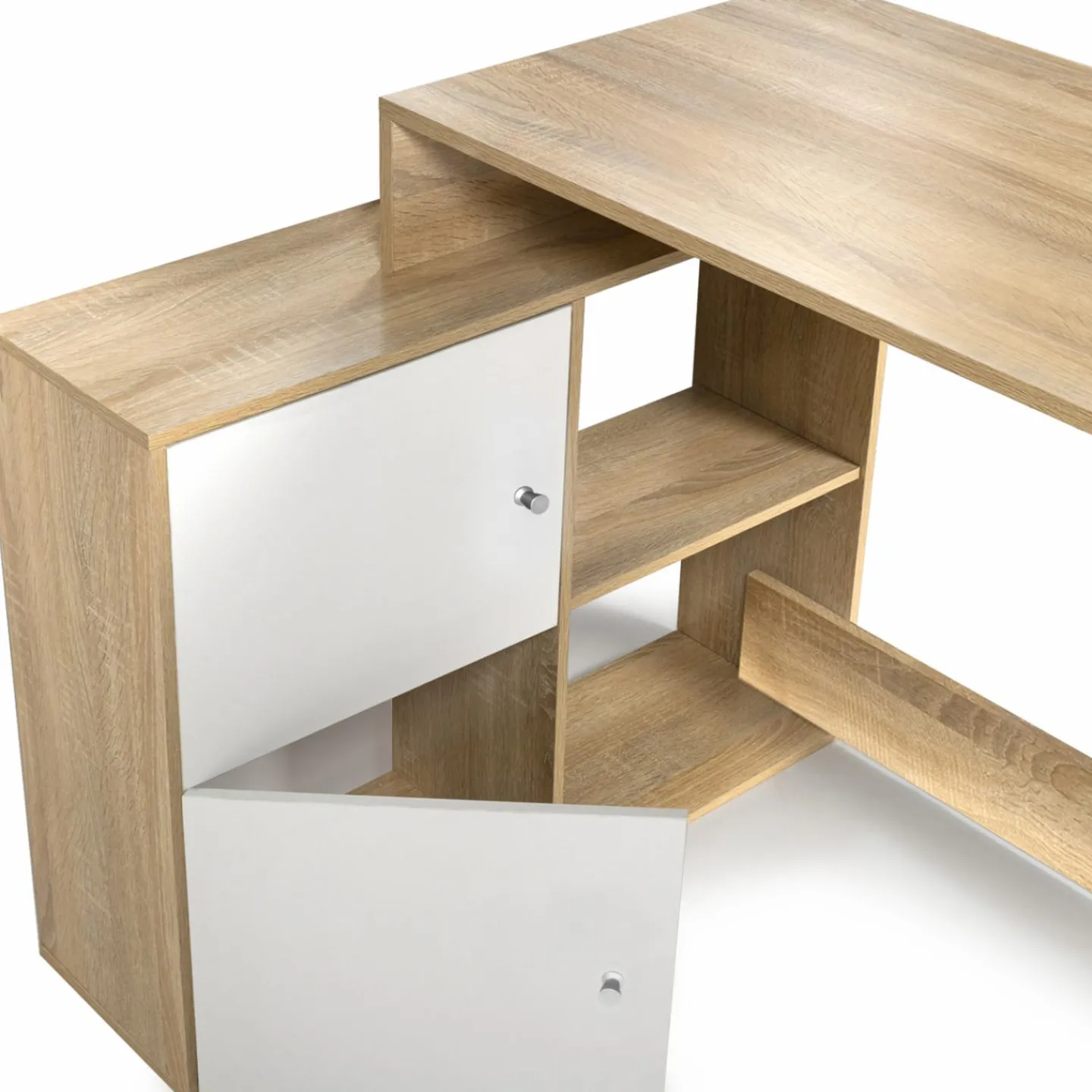 Bureau d’angle avec rangement bois imitation hêtre et blanc*IDMarket Online