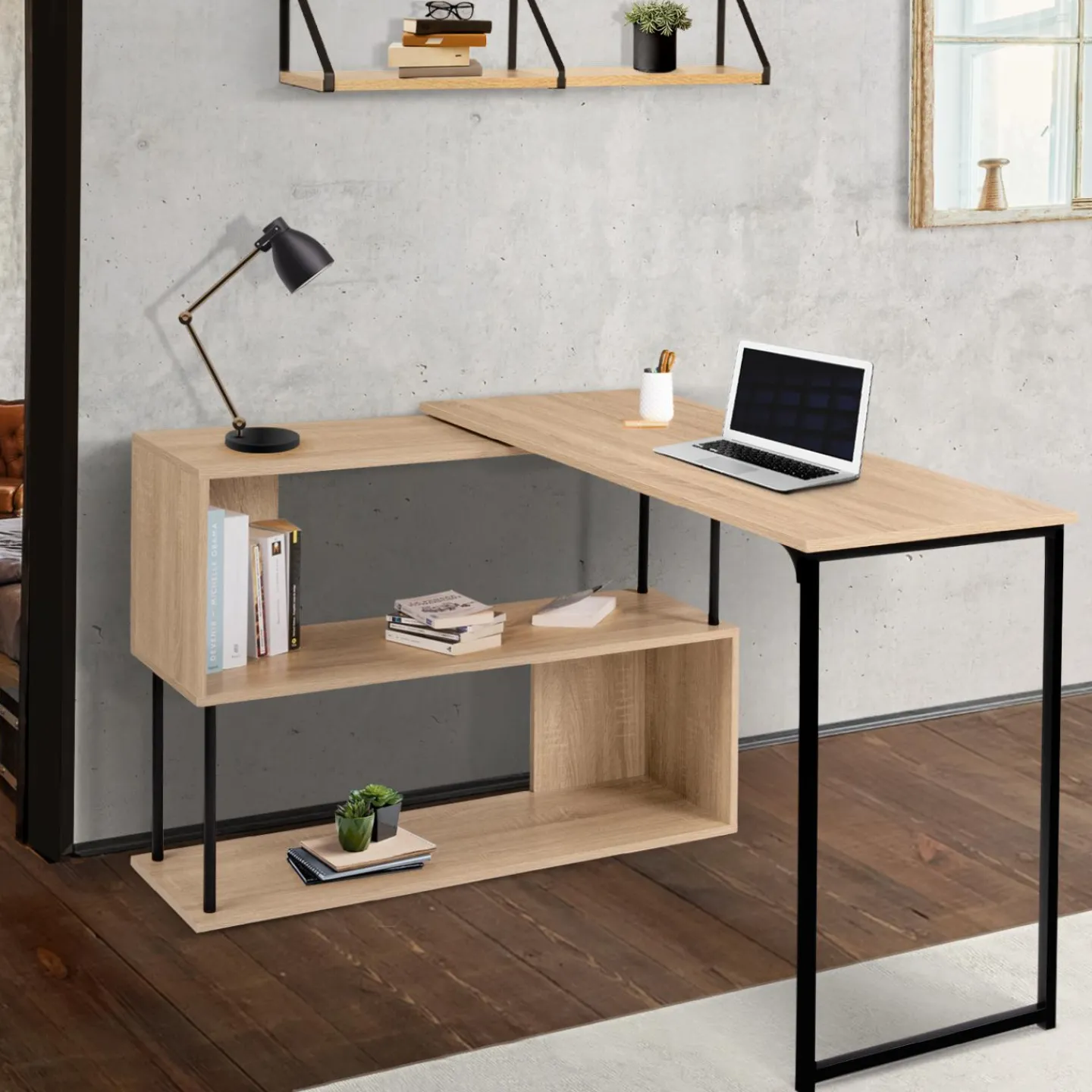 Bureau d’angle rotatif 180° industriel avec étagère forme S*IDMarket Online