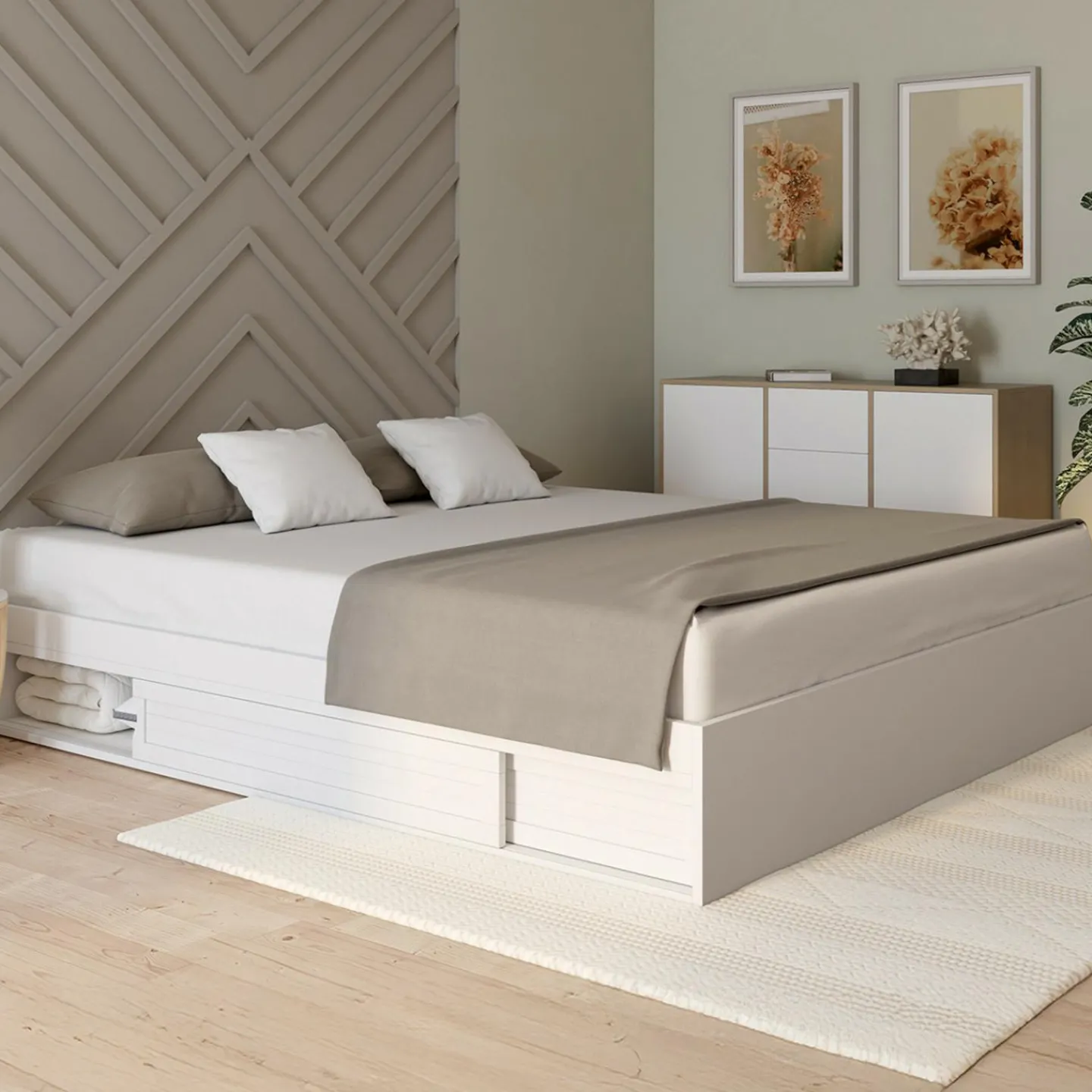Cadre de lit 180 x 200 cm avec rangements et sommier blanc*IDMarket Discount