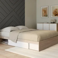 Cadre de lit 140x190 cm avec sommier et rangements blanc et bois*IDMarket Discount