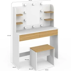 Coiffeuse bois et blanc avec miroir LED et tabouret*IDMarket Sale