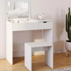 Coiffeuse miroir rabattable blanche 2 tiroirs et tabouret*IDMarket New