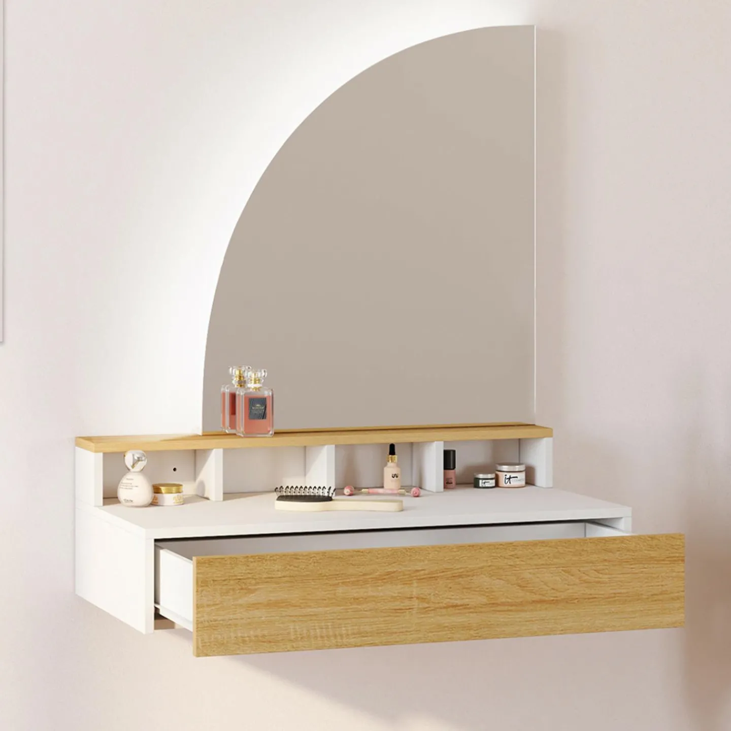 Coiffeuse suspendue miroir LED avec 4 niches, 1 tiroir bois et blanc*IDMarket New