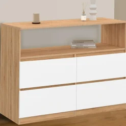 Commode 100 cm 4 tiroirs avec niche façon hêtre et blanc*IDMarket Sale