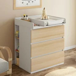 Commode à langer évolutive façon hêtre et blanc 3 tiroirs et 2 étagères*IDMarket New