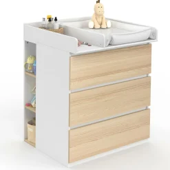 Commode à langer évolutive façon hêtre et blanc 3 tiroirs et 2 étagères*IDMarket New