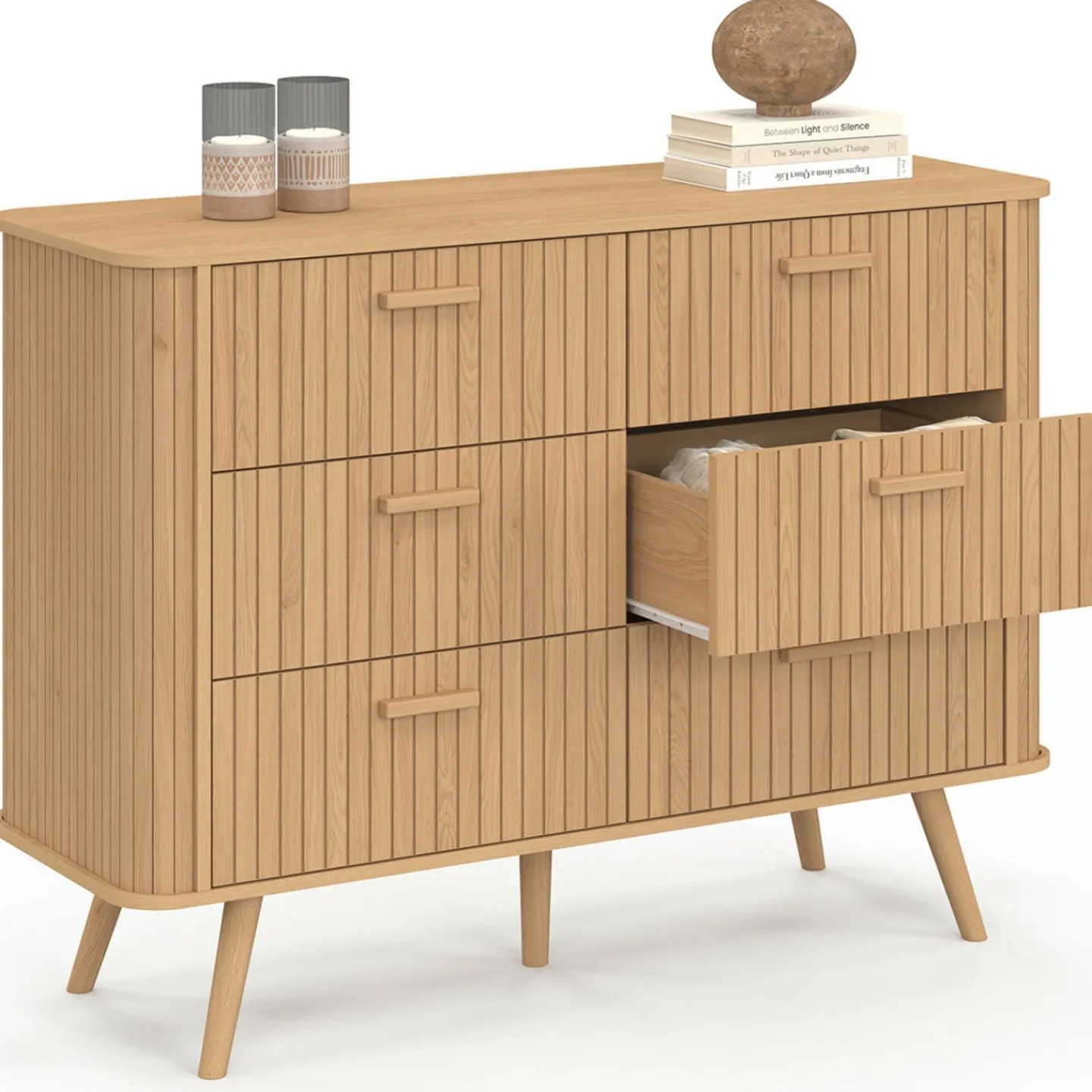 Commode 6 tiroirs 110 cm lattes tasseau bois coloris chêne*IDMarket Sale