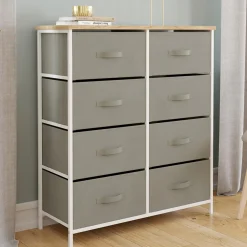 Commode 8 tiroirs en tissu gris clair et plateau effet bois*IDMarket New