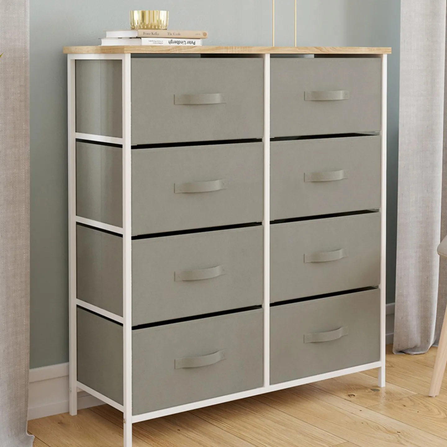 Commode 8 tiroirs en tissu gris clair et plateau effet bois*IDMarket New