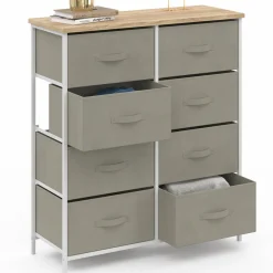 Commode 8 tiroirs en tissu gris clair et plateau effet bois*IDMarket New