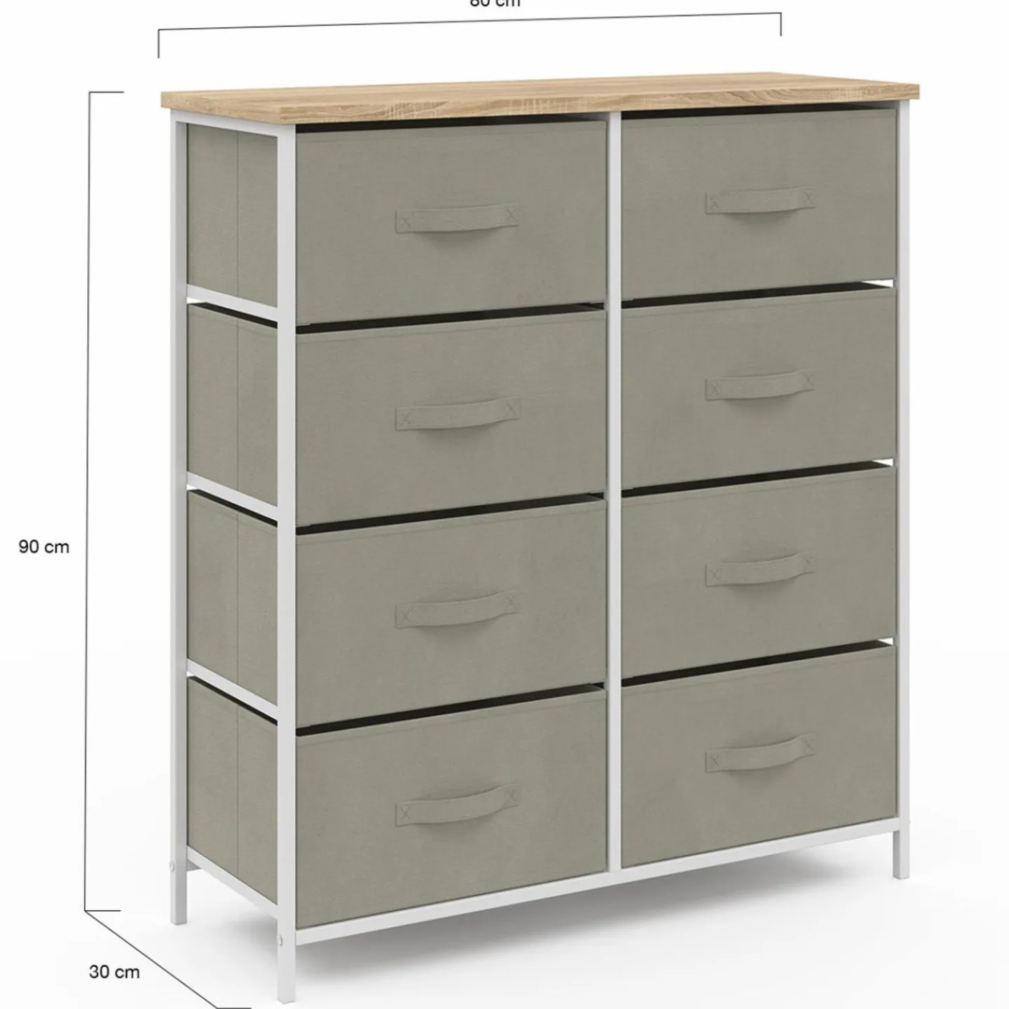 Commode 8 tiroirs en tissu gris clair et plateau effet bois*IDMarket New