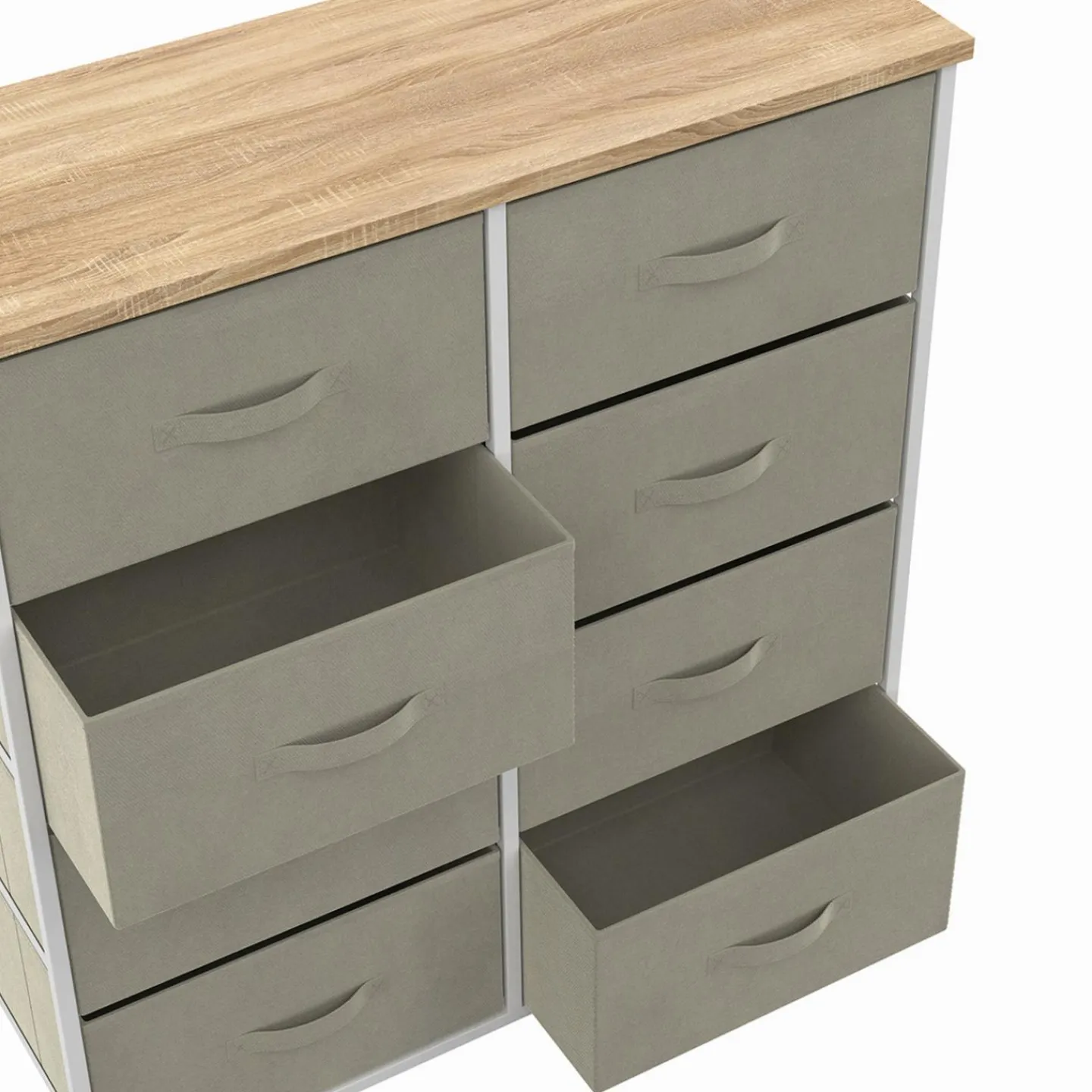 Commode 8 tiroirs en tissu gris clair et plateau effet bois*IDMarket New