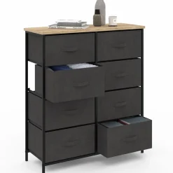 Commode 8 tiroirs en tissu gris anthracite et plateau effet bois*IDMarket New