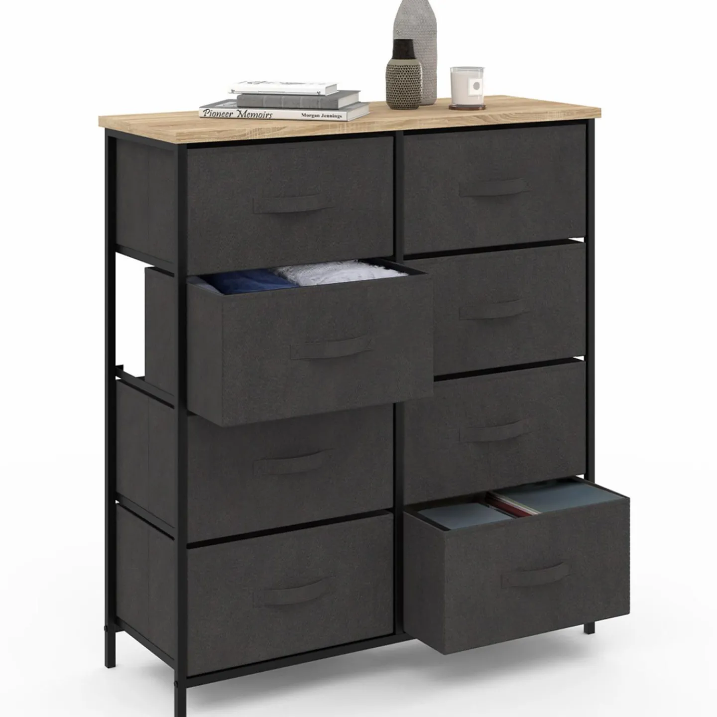 Commode 8 tiroirs en tissu gris anthracite et plateau effet bois*IDMarket New
