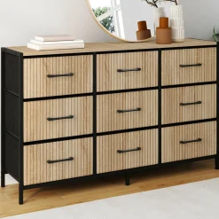 Commode 9 tiroirs en tissu 115 CM effet lattes, design industriel*IDMarket Clearance