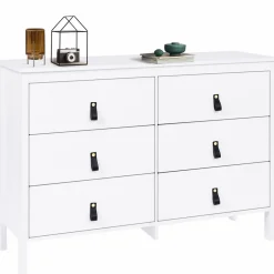 Commode blanche 6 tiroirs avec poignées effet cuir noir*IDMarket Hot