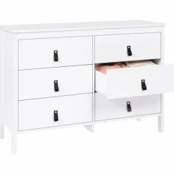 Commode blanche 6 tiroirs avec poignées effet cuir noir*IDMarket Hot