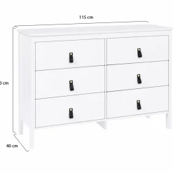 Commode blanche 6 tiroirs avec poignées effet cuir noir*IDMarket Hot