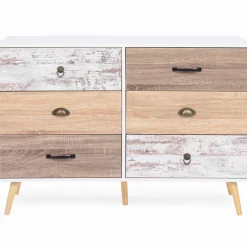 Commode blanche 6 tiroirs effet bois vieilli*IDMarket Best