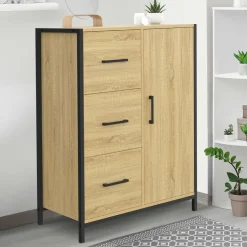 Commode de rangement salle de bain design industriel 3 tiroirs 1 placard*IDMarket