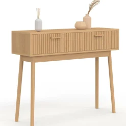 Console 2 tiroirs JULIETTE lattes tasseau bois coloris chêne*IDMarket Sale