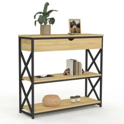 Console bois et métal 1 tiroir 2 étagères design industriel*IDMarket Hot