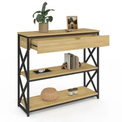 Console bois et métal 1 tiroir 2 étagères design industriel*IDMarket Hot