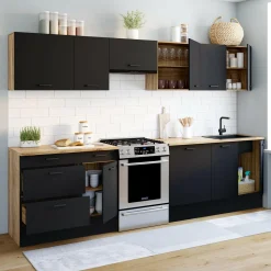 Cuisine complète bois et noir avec casserolier et plan de travail 9 éléments*IDMarket Best