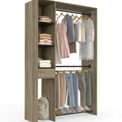 Dressing double penderie L. 110 cm avec étagères + tiroir + rangements à chaussures hêtre et noir*IDMarket