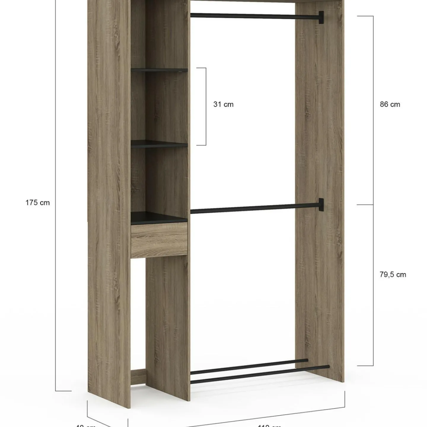 Dressing double penderie L. 110 cm avec étagères + tiroir + rangements à chaussures hêtre et noir*IDMarket