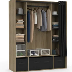 Dressing double penderie coloris bois 8 étagères et rideaux noirs*IDMarket Outlet