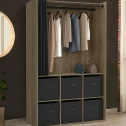 Dressing penderie 104 x 50 x 172 cm hêtre avec rideau noir et 6 boites de rangement*IDMarket Best