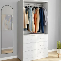Dressing penderie L. 80 cm avec 6 tiroirs bois et tissu blanc*IDMarket Online
