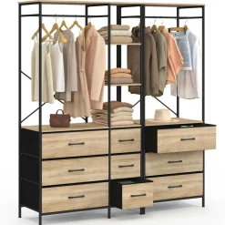 Dressing penderie modulable L. 150 cm XXL avec 3 étagères et 9 bacs en tissu bois et noir*IDMarket Hot