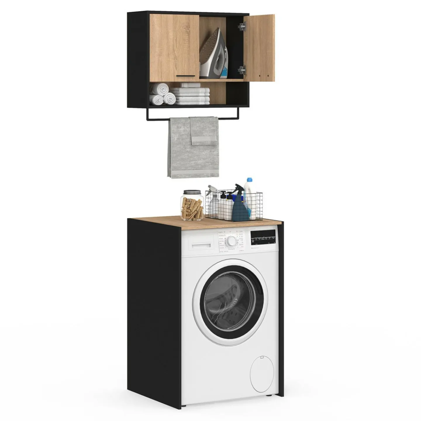 Ensemble meubles de buanderie pour machine à laver noir et hêtre*IDMarket Online