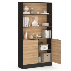 Etagère bibliothèque 3 niveaux XXL 1 placard noir et effet bois 190 cm*IDMarket